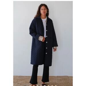 NEW DONNI.  Sz S The Quilted Long Coat in Navy Blue